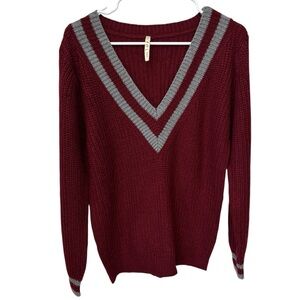 POL V-Neck Preppy Sweater Women’s Small Burgundy & Gray